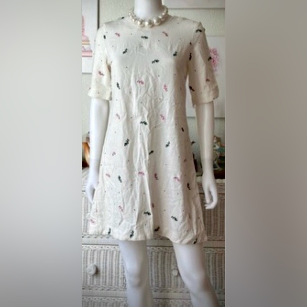 & Other Stories Mini shift dress Modest Linen abstract Print on cream size 8